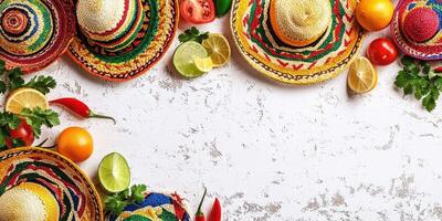Colorful sombreros with fresh ingredients arranged on a textured surface for a festive celebration photo