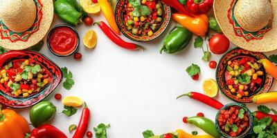 Colorful Mexican fiesta with fresh ingredients and traditional sombreros displayed on a festive table photo