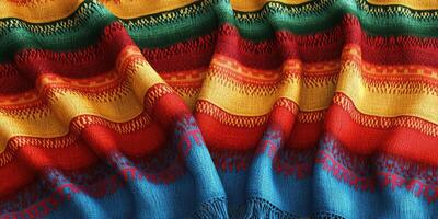 Colorful woven blanket displayed on a surface featuring vibrant patterns and textures in a cozy setting photo