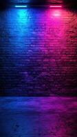 Colorful neon lights illuminate a textured brick wall in a creative urban space photo