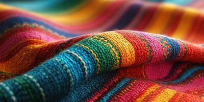 Colorful woven fabric displaying vibrant patterns and textures from a traditional artisan market in a sunny location photo
