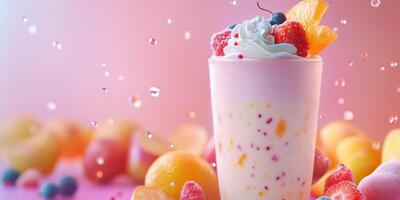 Colorful fruit smoothie topped with fresh berries and whipped cream in a vibrant setting photo
