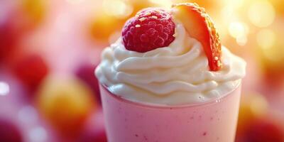 Delicious creamy dessert topped with fresh raspberries and strawberries captures the essence of summer indulgence photo