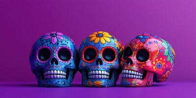 Colorful sugar skulls displayed against a purple backdrop celebrating Day of the Dead traditions in a vibrant artistic style photo