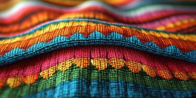 Vibrant textile showcasing intricate patterns with bright colors and detailed weaving in a close-up view photo