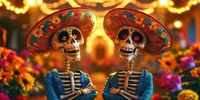Two colorful skeletons in vibrant sombreros celebrate at a festive event in a flower-filled setting photo