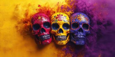 Colorful decorative sugar skulls displayed against a vibrant background during a festival celebration photo