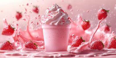 Delicious strawberry milkshake splashing with fresh strawberries in a vibrant setting photo