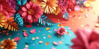 Colorful paper flowers and leaves arranged on a vibrant backdrop with scattered petals and decorative elements photo