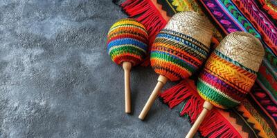 Colorful traditional musical instruments and textiles displayed on a textured surface photo