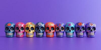 Colorful sugar skulls lined up against a purple backdrop for a festive celebration in October photo