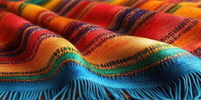 Colorful woven textile displayed on a flat surface highlighting intricate patterns and vibrant hues photo