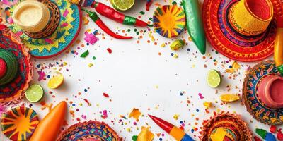 Colorful fiesta decorations featuring sombreros, peppers, and confetti for a lively celebration photo