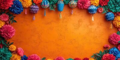Colorful papel picado decorations and lanterns create a vibrant atmosphere for a festive celebration in a sunny location photo