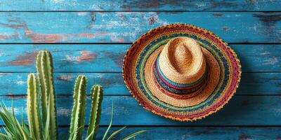 Colorful sombrero hangs on a turquoise wall next to vibrant green cacti in a sunlit room photo