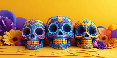 Colorful sugar skulls displayed against a bright yellow background during a festive celebration of life and death photo