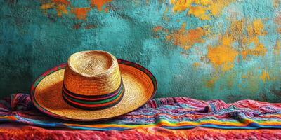 Colorful straw hat and woven blanket against a textured wall in a vibrant setting photo