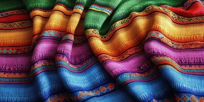 Vibrant woven textiles showcasing traditional patterns in rich colors and textures photo