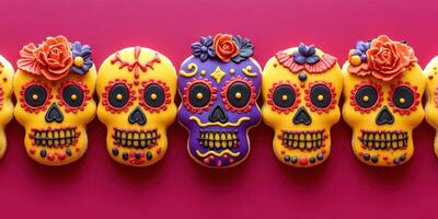 Colorful sugar skull cookies displayed on a vibrant pink background for Day of the Dead celebration photo