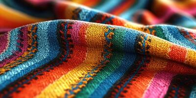 Colorful knitted fabric showcasing vibrant patterns and textures created through intricate craftsmanship and design photo