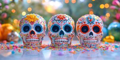 Colorful sugar skulls displayed in a festive setting celebrating cultural heritage during a vibrant festival photo