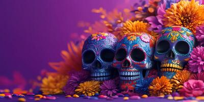 Colorful sugar skulls arranged with vibrant flowers for a cultural celebration in a dimly lit setting photo