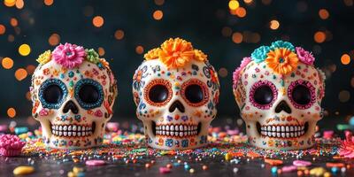 Colorful sugar skulls arranged on a festive table with vibrant decorations for a celebration photo