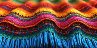 Colorful woven fabric with intricate patterns showcasing vibrant hues in a textile craft setting photo