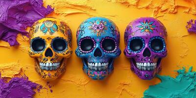 Colorful sugar skulls displayed against a vibrant background for festive celebration photo