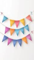Colorful triangular banners hanging for a festive celebration in a bright indoor setting photo