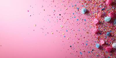 Colorful confetti and macarons spread out on a vibrant pink background during a festive celebration photo