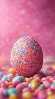 Colorful ornamental egg surrounded by decorative candies in a vibrant setting during festive celebrations photo