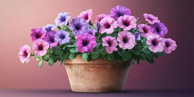 Colorful petunias in a rustic pot against a gradient background showcasing spring beauty photo