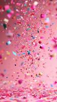 Brightly colored confetti falling against a pink background during a festive celebration photo