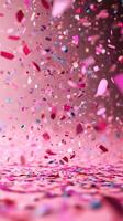 Colorful confetti bursts in a festive celebration setting with pink tones and vibrant reflections photo