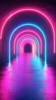 Vivid neon lights illuminate a colorful corridor in a modern urban setting during the night photo