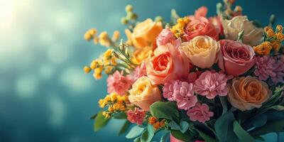 Colorful bouquet of roses and wildflowers on a blurred background in a bright setting photo