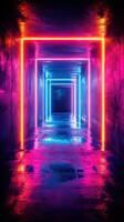 Pulsating neon lights create a vibrant corridor in an abstract space during night hours photo