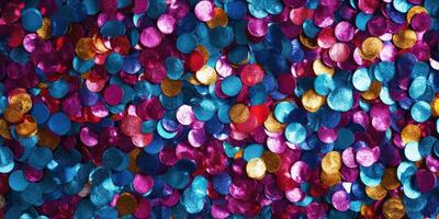 Bright and colorful confetti scattered across a flat surface for celebration or party decoration photo