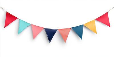 Colorful decorative bunting made of fabric hanging against a white wall for a festive event or celebration photo