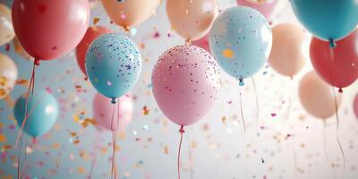 Colorful balloons filled with confetti float against a pastel backdrop during a festive celebration or party setting photo