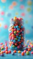 Colorful candy jar filled with vibrant gumballs on a bright blue background photo