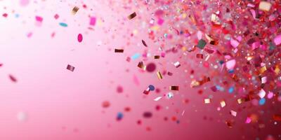 Colorful confetti falling against a pink background during a celebration event, adding excitement to the atmosphere and creating a festive mood photo