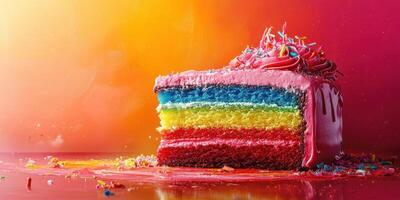 Colorful layered cake with vibrant icing and sprinkles on a bright background photo