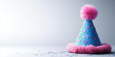Colorful party hat with pom pom sits on a table scattered with confetti celebrating a festive occasion photo