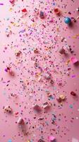 Colorful confetti and decorations spread across pink background for celebration event photo