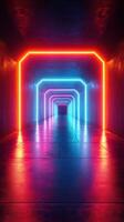 Neon-lit corridor featuring vibrant blue and pink lights with reflective surfaces in a dark environment photo