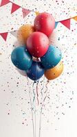 Colorful balloons and confetti create a festive atmosphere for a celebration in a lively space photo