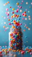 Colorful candy fills a glass jar as vibrant pieces soar into the air in a playful display of sweets photo