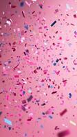 Colorful confetti falls against a pink background during a festive celebration or party time in an indoor setting photo